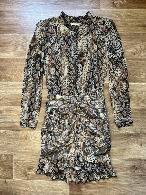 ba&sh Rackel Beige Snake Animal Print Ruched Sheer Mini Dress Size 1 US 6 S Luxu