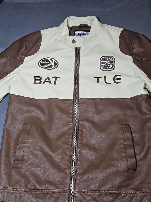 Fashion Biker Jacket Brown Beige Embroidered Logo Zipper Snap Men Mid-Length