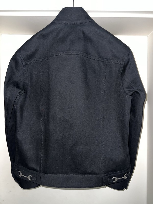 Gucci Men's Denim Jacket Black Biker Stand Collar Zip Logo Size 44 gallery