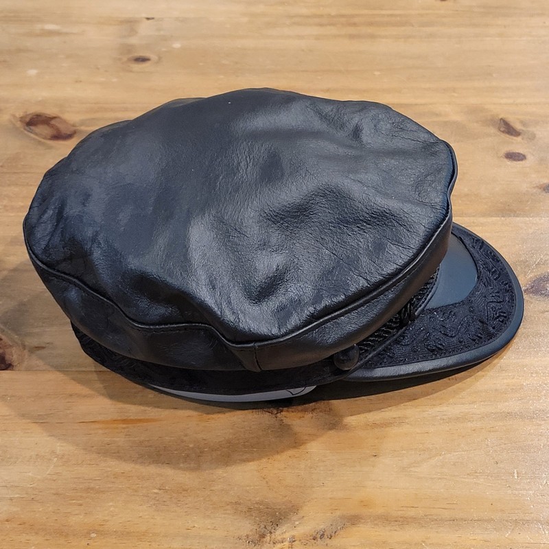 Vtg Black Leather Greek Fisherman Hat Medium Made in USA Mariner Biker Cap M gallery