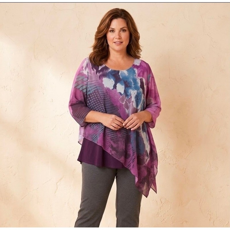 Cato Woman Purple Abstract Floral Rhinestone Asymmetrical Layered Tunic 22 / 24W