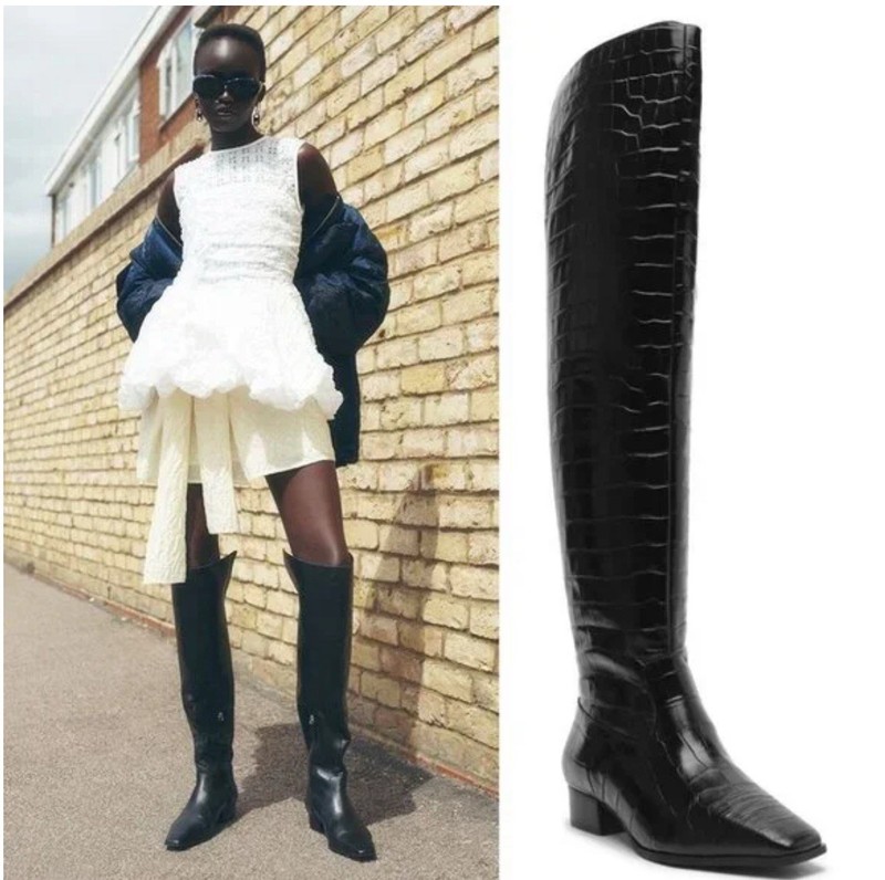 Schutz Helena Over The Knee Croc Embossed Womens Black Boots Size 5B