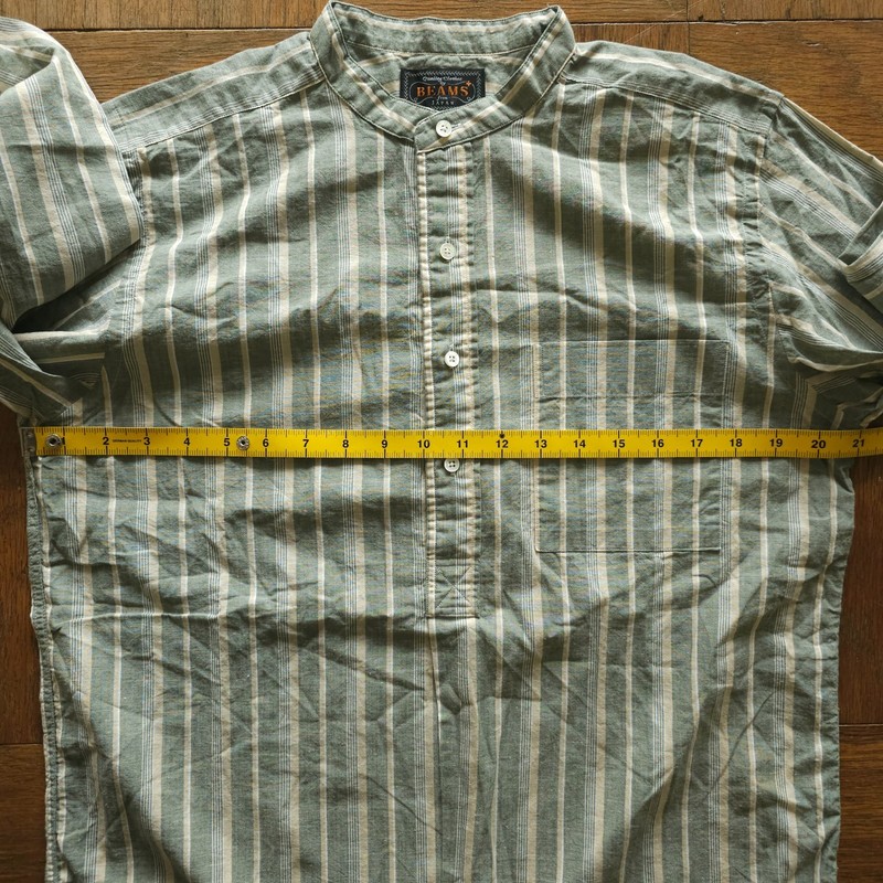 NWOT BEAMS Plus Made in Japan Cotton Flax Band Collar Popover Shirt Olive Small gallery