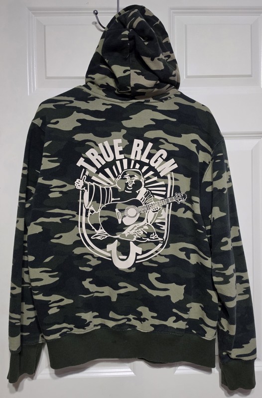 True Religion Men’s Large Full Zip Camo Hoodie Buddha Guitar