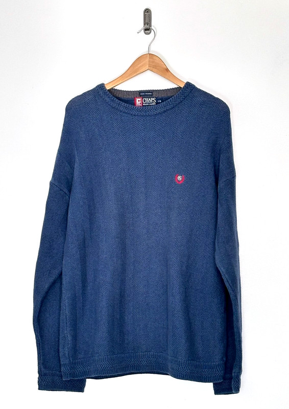 Chaps Ralph Lauren Mens Large Cotton Herringbone Sweater Blue Gray Crewneck