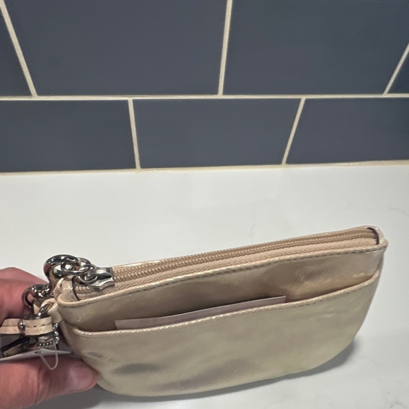 Coach Champagne Gold Metallic Clutch Wrist Strap Logo Tag Designer gallery