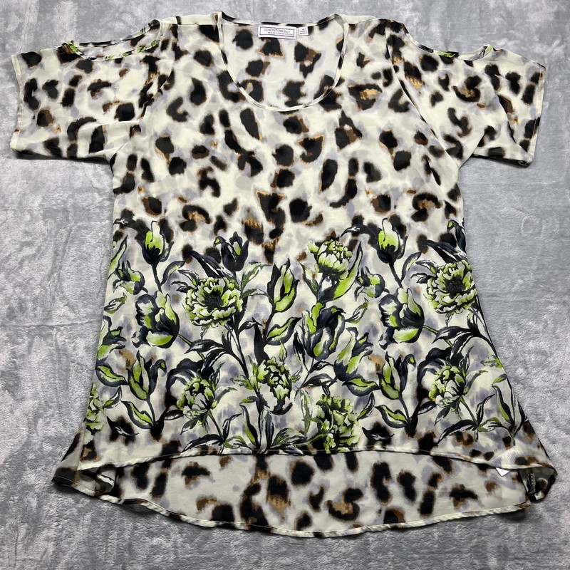 Simonton Says Blouse Women Sheer Leopard Floral Cold Shoulder High Low Tunic XL