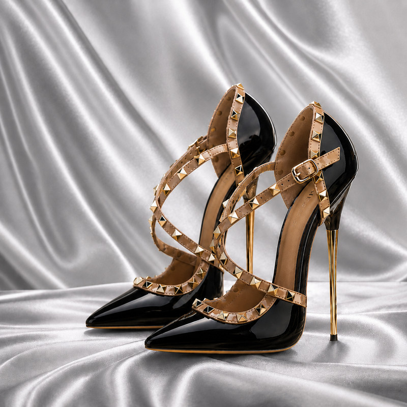 6.3″ Metallic Stiletto Heels Pointed Toe French Style Studded Strap Pumps Black
