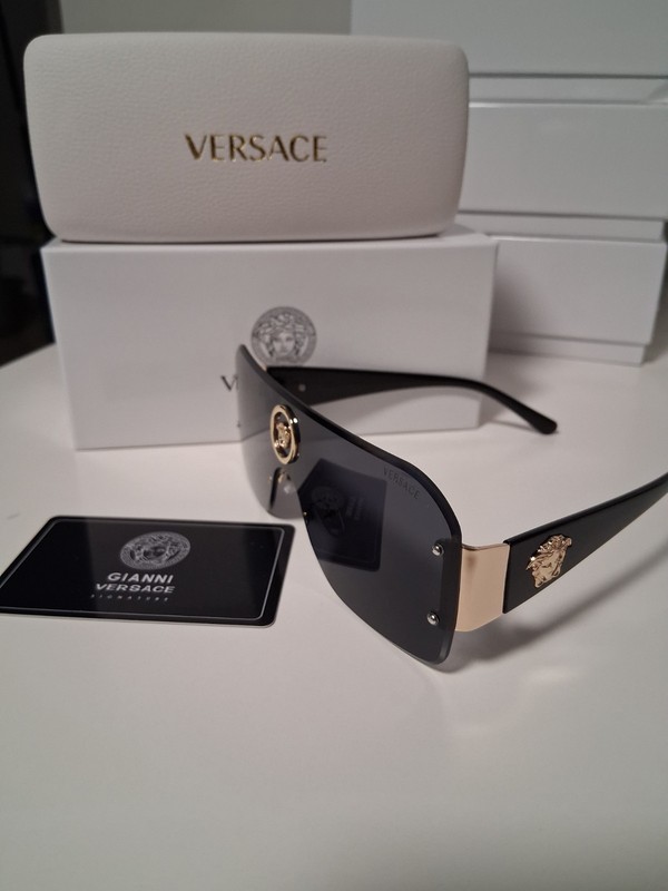 Versace Women’s Rimless Shield Sunglasses Black Frame/Gray Tinted Lenses