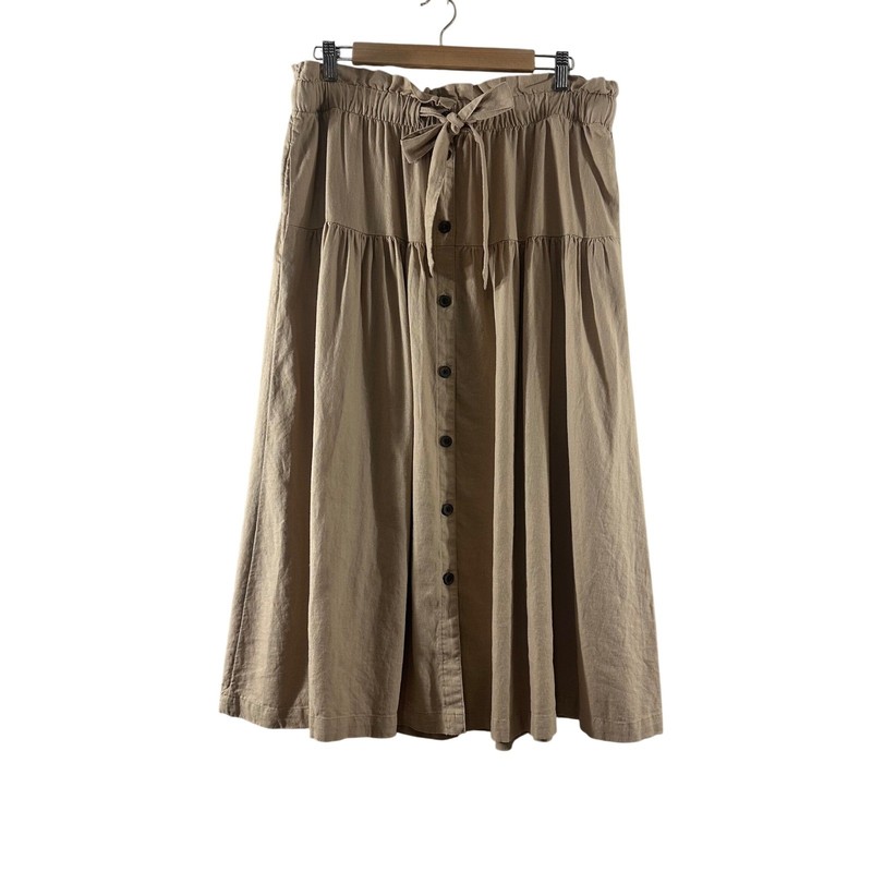 Universal Thread Tan Linen Blend Button Front Paperbag Midi Skirt Pockets Large