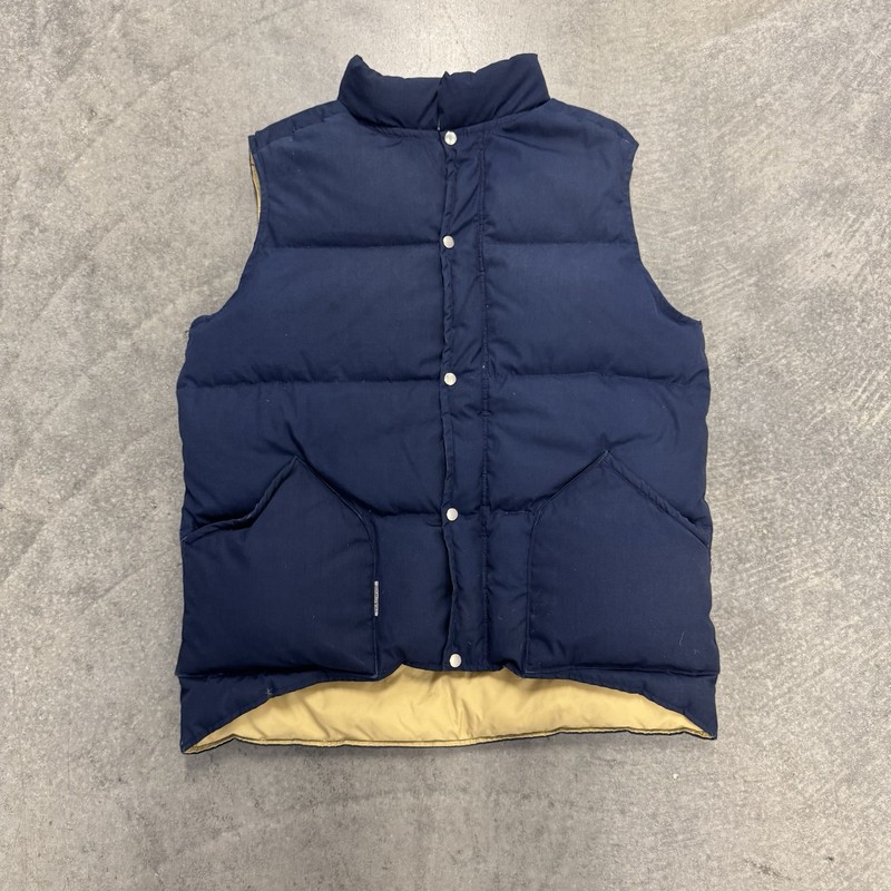 Vintage 80’s Mens Down Puffer Navy Blue Vest Full Zip Snap Stand-Up Collar S