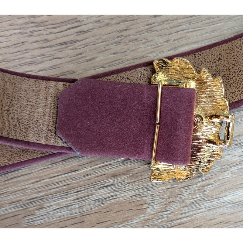 Vintage 90s Statement Belt Womens Raspberry Faux Suede Gold Leaf Buckle Bold gallery