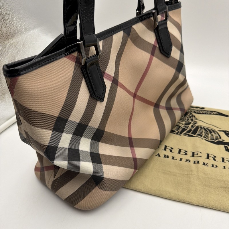 Burberry Super Nova Tote Check Plaid Black Patent Leather Shoulder Bag Purse gallery