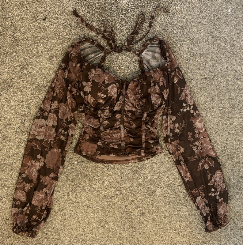Dylan Dr Ryan Brown Floral Sheer Mesh Ruched Tie Sweetheart Cropped Blouse S