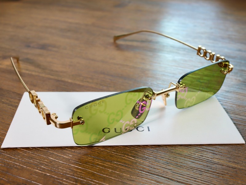 Gucci GG1808S 002 52mm Square Sunglasses in Gold/Green GG Pattern Lens gallery