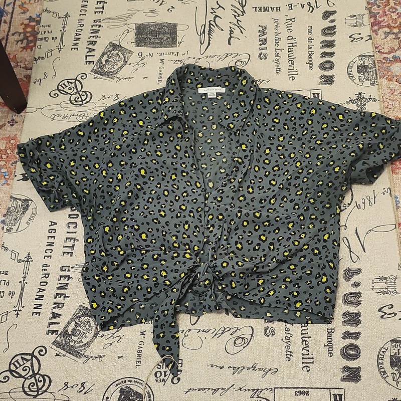 American Eagle Women’s Sz Med Leopard Print TieFront Collared Cropped Blouse EUC