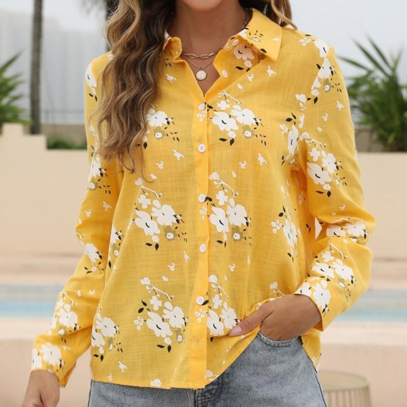 Women’s Yellow Daisy Floral Print Button Up Shirt Casual Long Sleeve Top