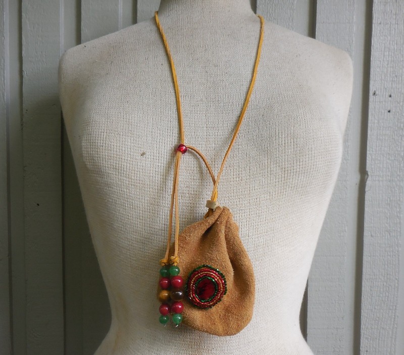 Red Abalone Shell Buckskin Beaded Drawstring Rasta Necklace Pouch Gemstone Beads