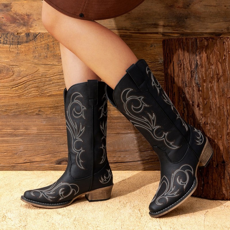 Women Pull On Western Mid Calf Boots Square Toe Cowboy Cowgirl Boots gallery