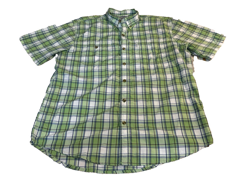 Men’s G H Bass Short Sleeve Button Down Shirt Green White Plaid Size Large