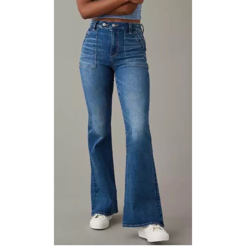 American Eagle Super HR Flare Jeans Medium Wash Next Level Stretch 00 Long
