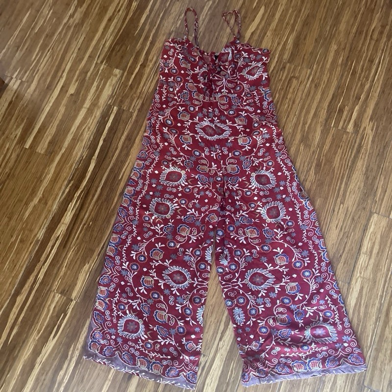 Angie Boho Red Floral Wide-Leg Jumpsuit V-Neck Tie Adjustable Straps