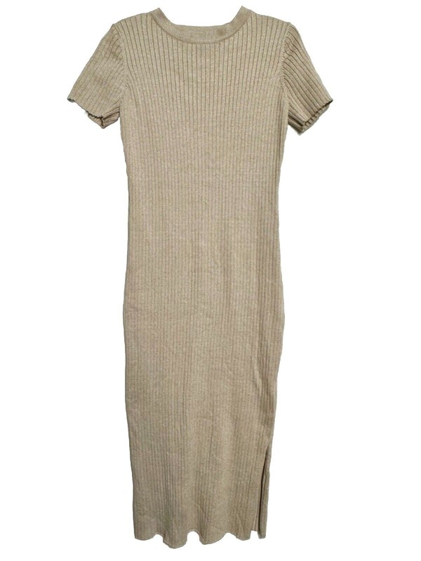 Lucca Women’s Dress Medium Midi Ribbed Knit Bodycon Beige Tan Short Sleeve Slit