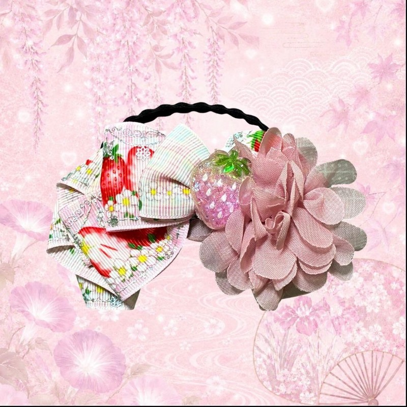 Strawberry & Floral Ribbon Hair Tie Handmade Hair Accessory for Girls