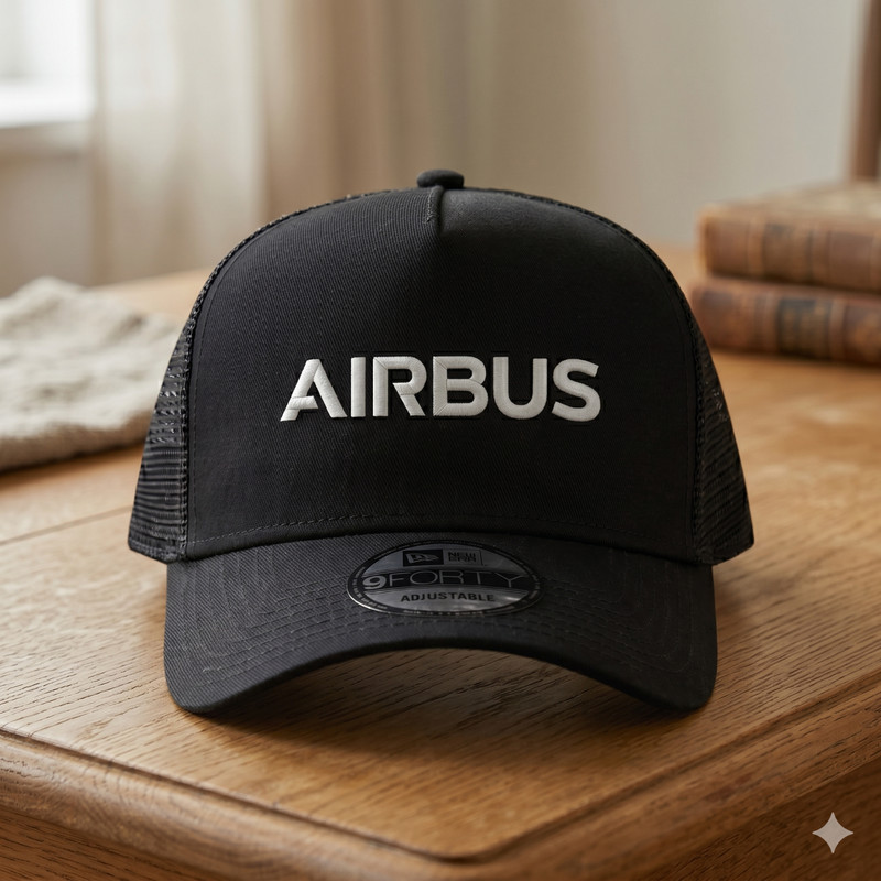 Airbus Logo Embroidered Trucker Hat – Black Mesh Aviation Pilot Flight Crew Cap