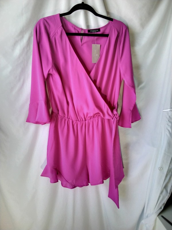 Maverick The Collection Pink Ruffle Sleeve Romper L V-Neck Tie Waist Button