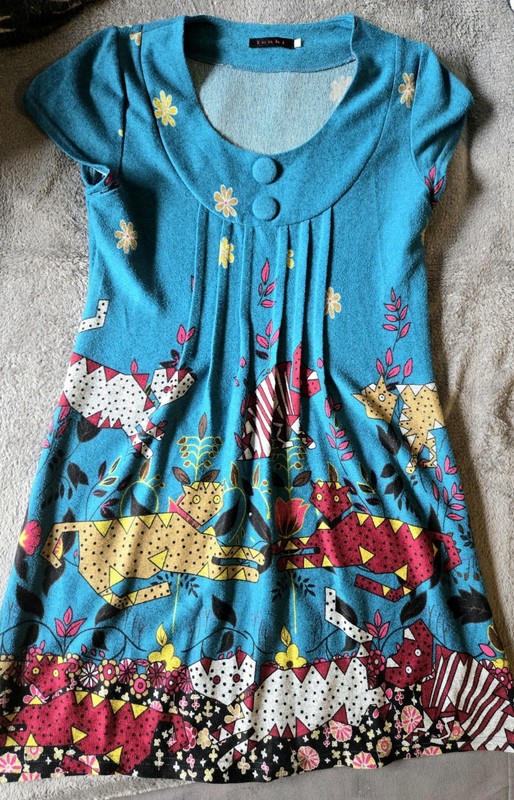 Tenki Cat Print Tunic Dress Blue Folk Art Retro Boho Short Sleeve UK 10 12