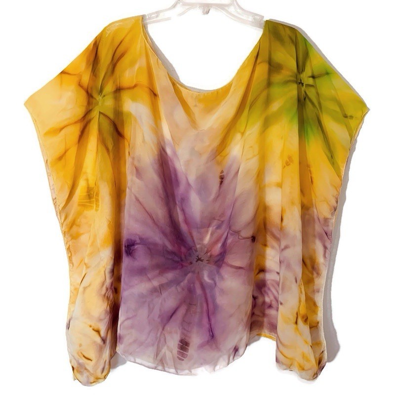 Handmade Dyed Wearable Art Sheer Kaftan Resort Top Yellow Gold Purple Boho OS