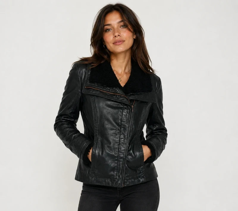 Ted Baker 100% Leather Shearling Jacket Black Floral Lined Womens Next Size 2