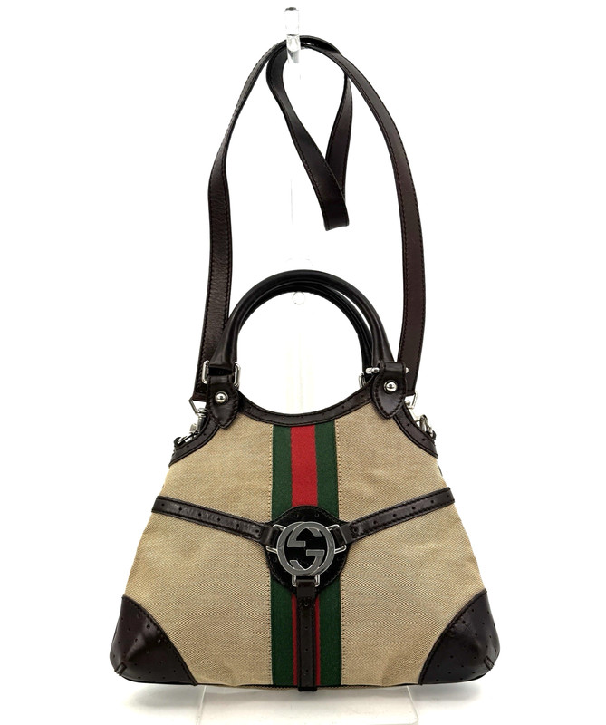 GUCCI GG Hardware Shoulder Bag Sherry Line Beige Canvas Leather Purae Authentic