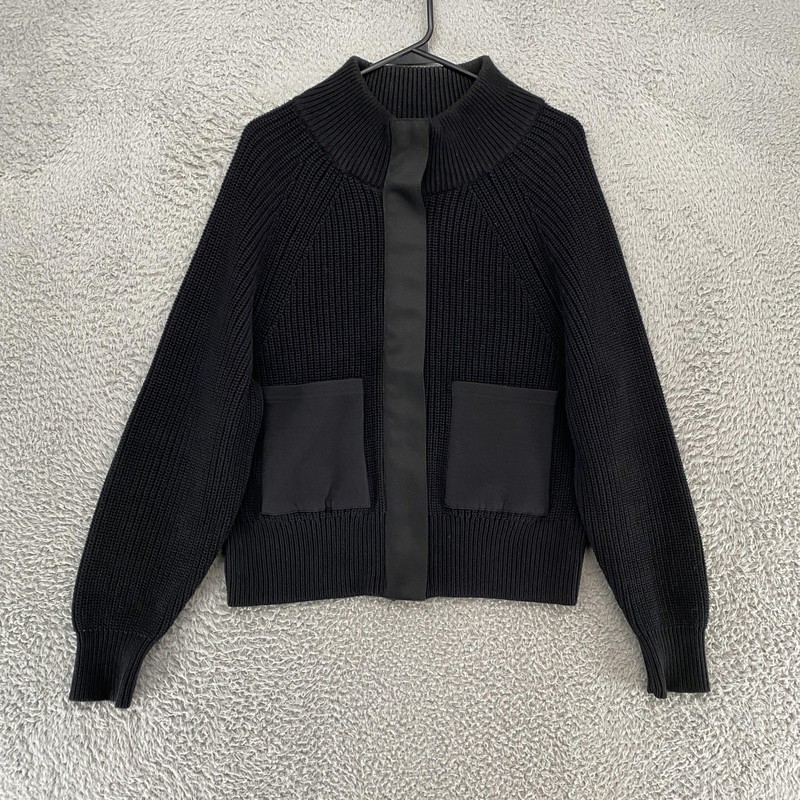 Varley Sweater Jacket Womens XS Delfern Black Rib Knit Funnel Neck Patch Pockets