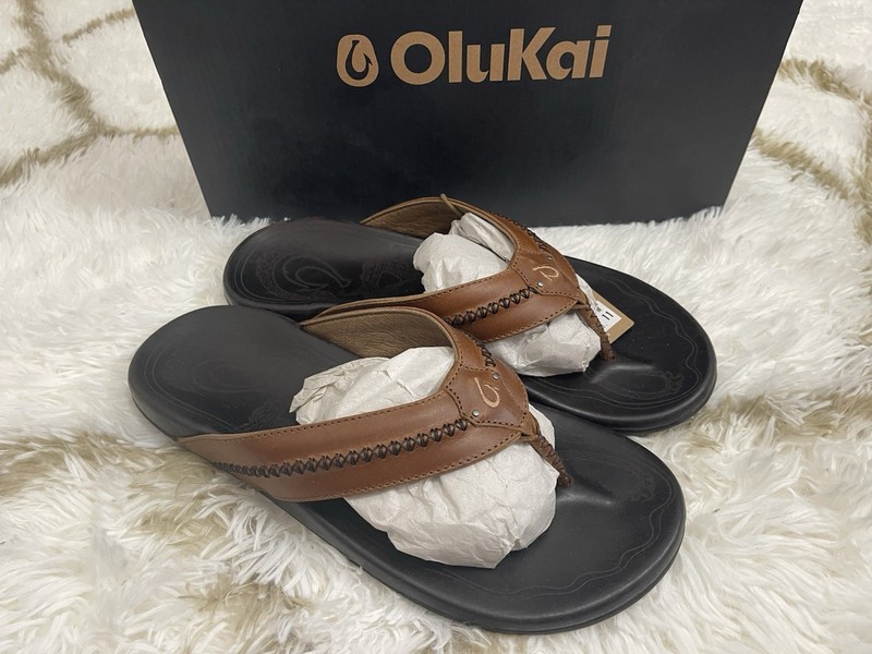 🧡OluKai Men’s Size 11 Mea Ola Leather Beach Outdoor Sandals – Tan/Dark Java NIB