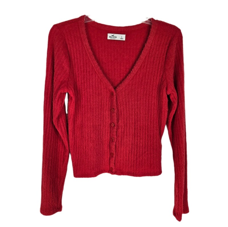 Hollister Cherry Red Cardigan Fuzzy Button Up V Neck Crop Large Holiday Preppy