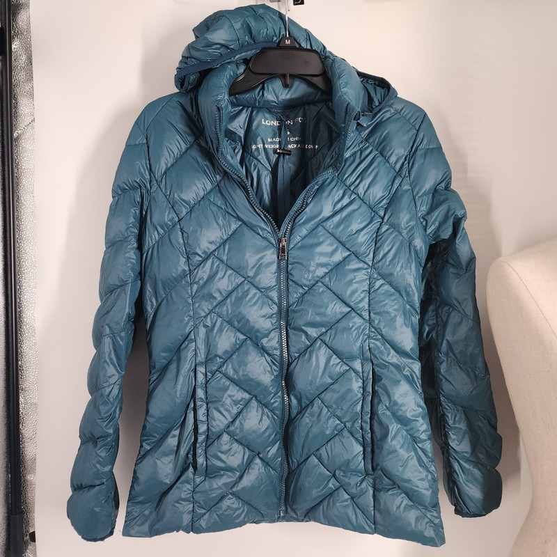 London Fod Size Small Lightweight Packable Down Filled Jacket Teal Womens Hooded