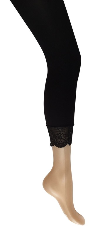 Ladies Footless Tights- LACE Trim 40 denier Plain Black