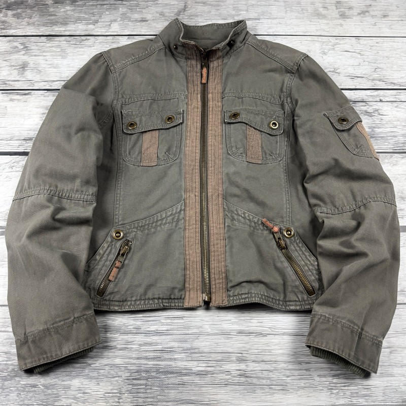 Womens Utility Field Jacket Olive Military Cargo Zip Up Y2K Safari Streetwear