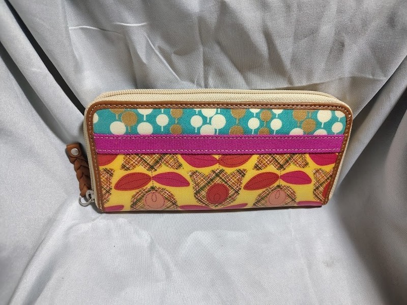 Vintage FOSSIL Key Per Coated Canvas w/Leather Trim Zip Around Wallet Colorful
