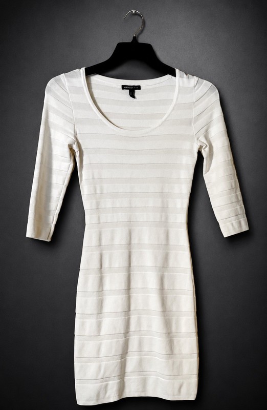 Mango BasicsIvory Ribbed Knit Bodycon Dress Size M 3/4 Sleeve Stretch Mini