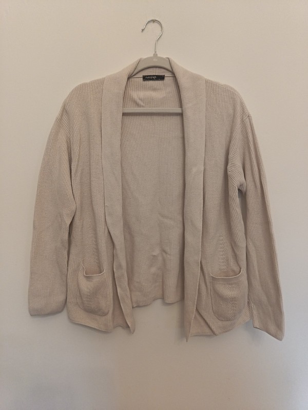 M&S Autograph Ribbed Cardigan UK 12 Cotton Blend Shawl Neck Pockets cream beige