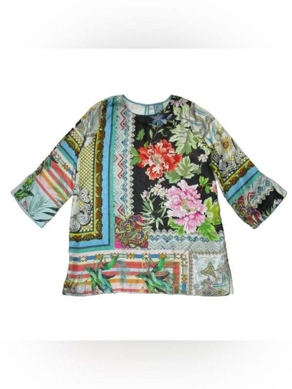 Johnny Was Silk Patchwork Tunic Top | XLMulticolor Floral Bird Print
