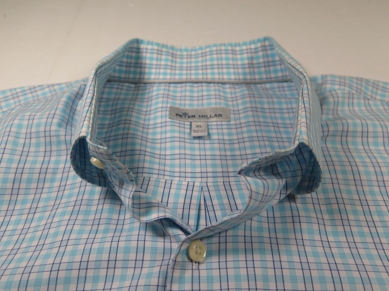 Peter Millar Mens Pure Cotton Teal Blue White Plaids Checks Casual Shirt XL EUC gallery
