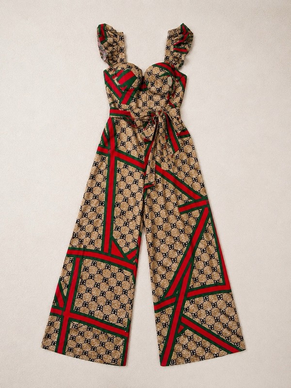 Women’s Beige Red Green Black Geometric Wide-Leg Sleeveless Ruffle Jumpsuit