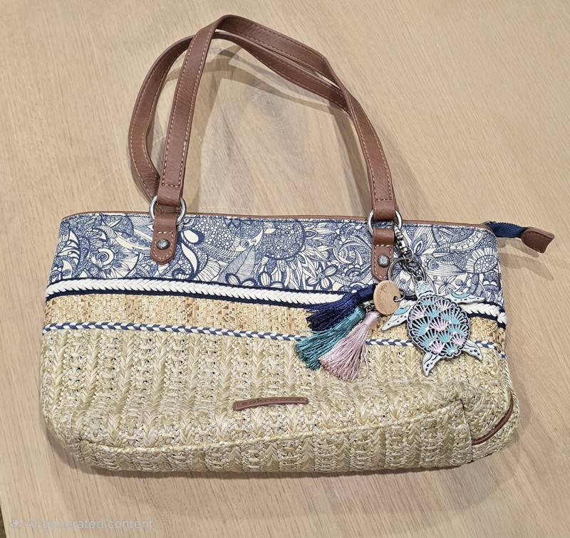 Sakroots Jute Cotton Blue Print Shoulder Tote Purse turtle & Tassels Hang Charm