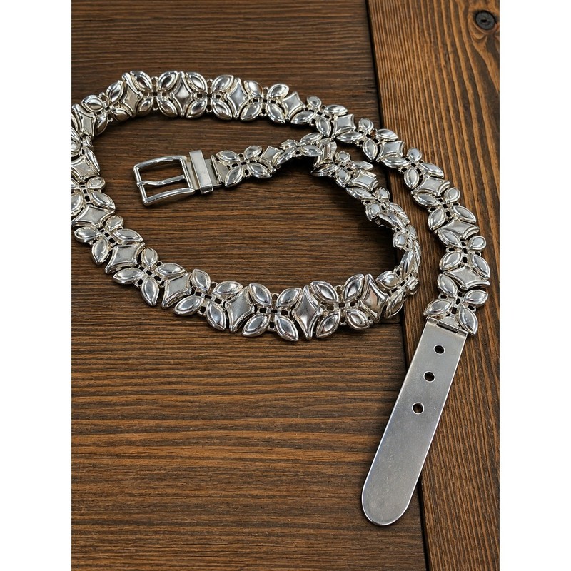 Vintage Silver Metal Floral Link Belt Leaf Motif 40-42 Inch XL Western Rodeo