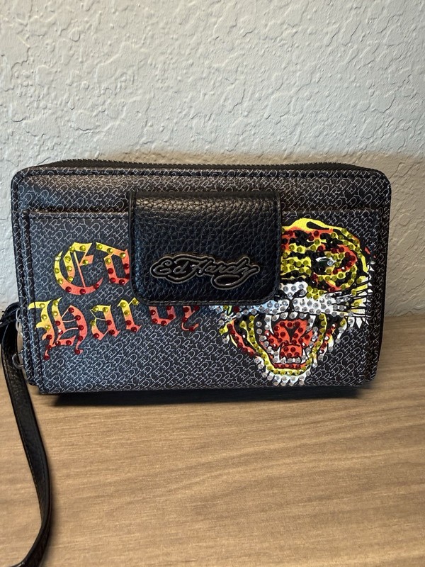 Ed Hardy Tiger Logo Rhinestone Wallet Clutch Wristlet Black 7.5 X 5 Inches NWT