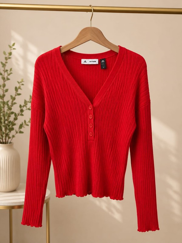 Ivy Park x Adidas Top Ribbed V-Neck Long Sleeve in Bright Red